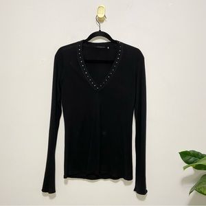 Elie Tahari Black Long Sleeve V-Neck Silk Blend Sequin Embellished Tee Shirt